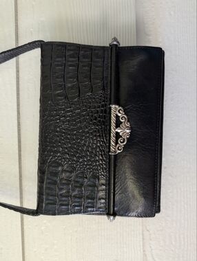 Black Croc-Embossed Leather Clutch with Silver Filigree Accent